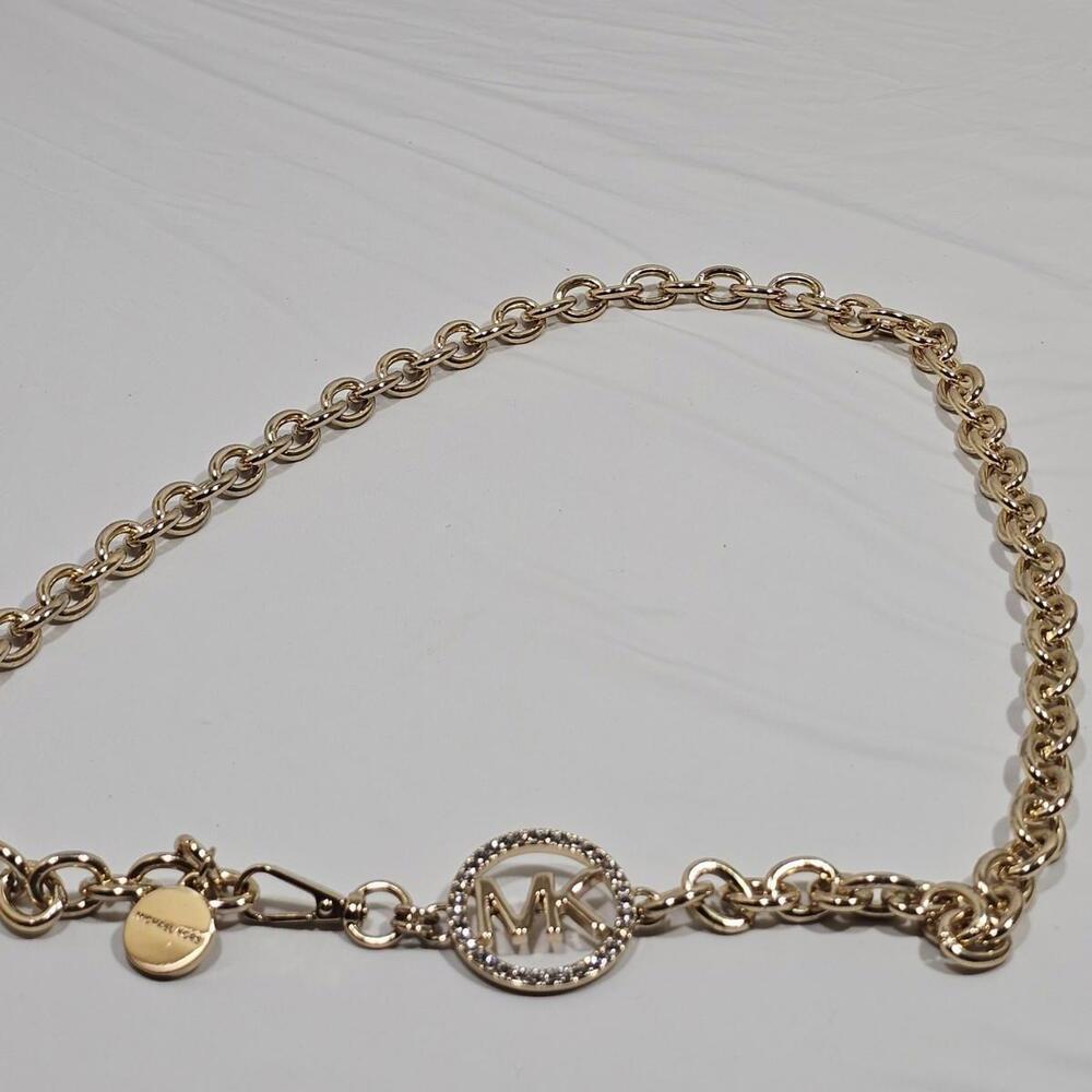 MICHAEL KORS Belt Gold &rhinestone Inlay MK Logo Metal Clip Chain Adjustable - Picture 4 of 8